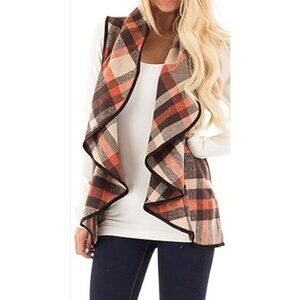Yacun Medium Brown Orange Open Front Vest Plaid Shawl Collar Cozy Cabin Harvest